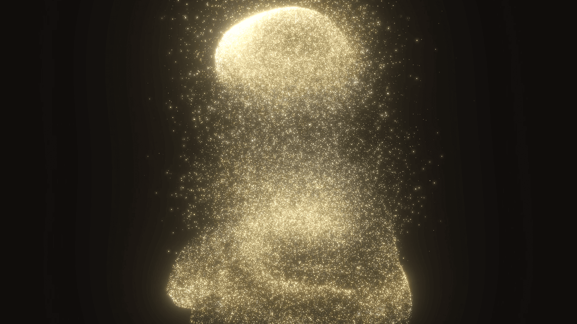 Van Gogh's Skull of a Skeleton with a Burning Cigarette rebuilt from glowing gold particles: the skull turned three-quarters, cigarette between its teeth, shoulders dissolving into sparks against near-black.