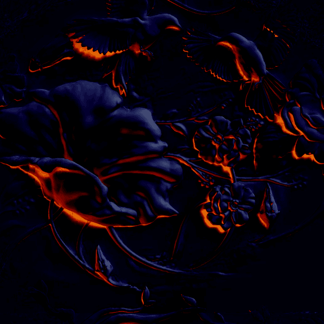 Dark embossed relief of birds and flowers pressing through a near-black surface, their raised edges catching a fiery orange rim light.