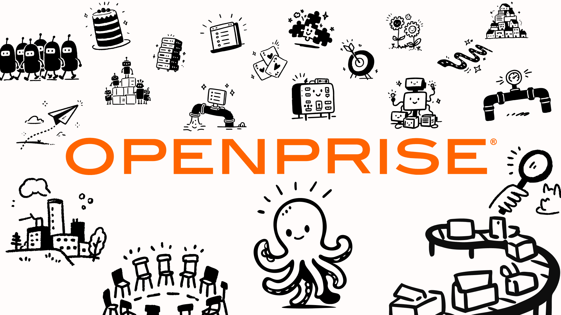 Openprise homepage: four bright product cards in orange, blue, green and purple with line-art illustrations, above a 'GTM Ops solutions' section
