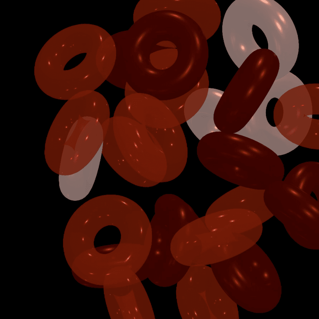 Close-up of glossy red 3D donut shapes piled together with a few translucent white rings, their overlapping surfaces catching small bright highlights against black.