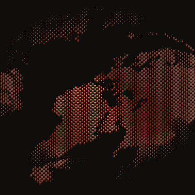 A silhouette emerging from a halftone-like grid of small copper-red cylinders on black, lit in patches while the rest fades into shadow.