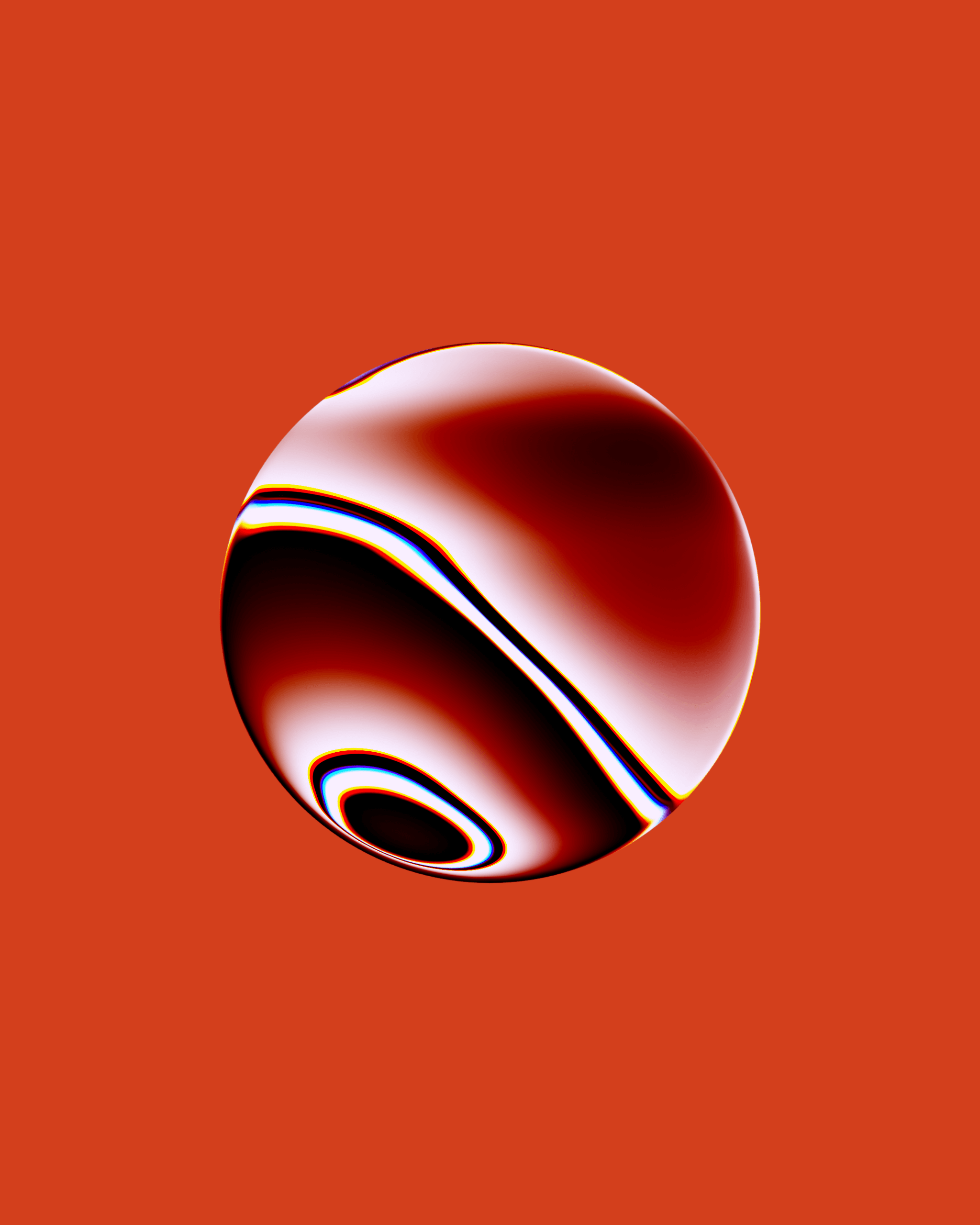 Glossy marbled sphere, deep red swirled with white and a black ring, floating on a burnt-orange field.