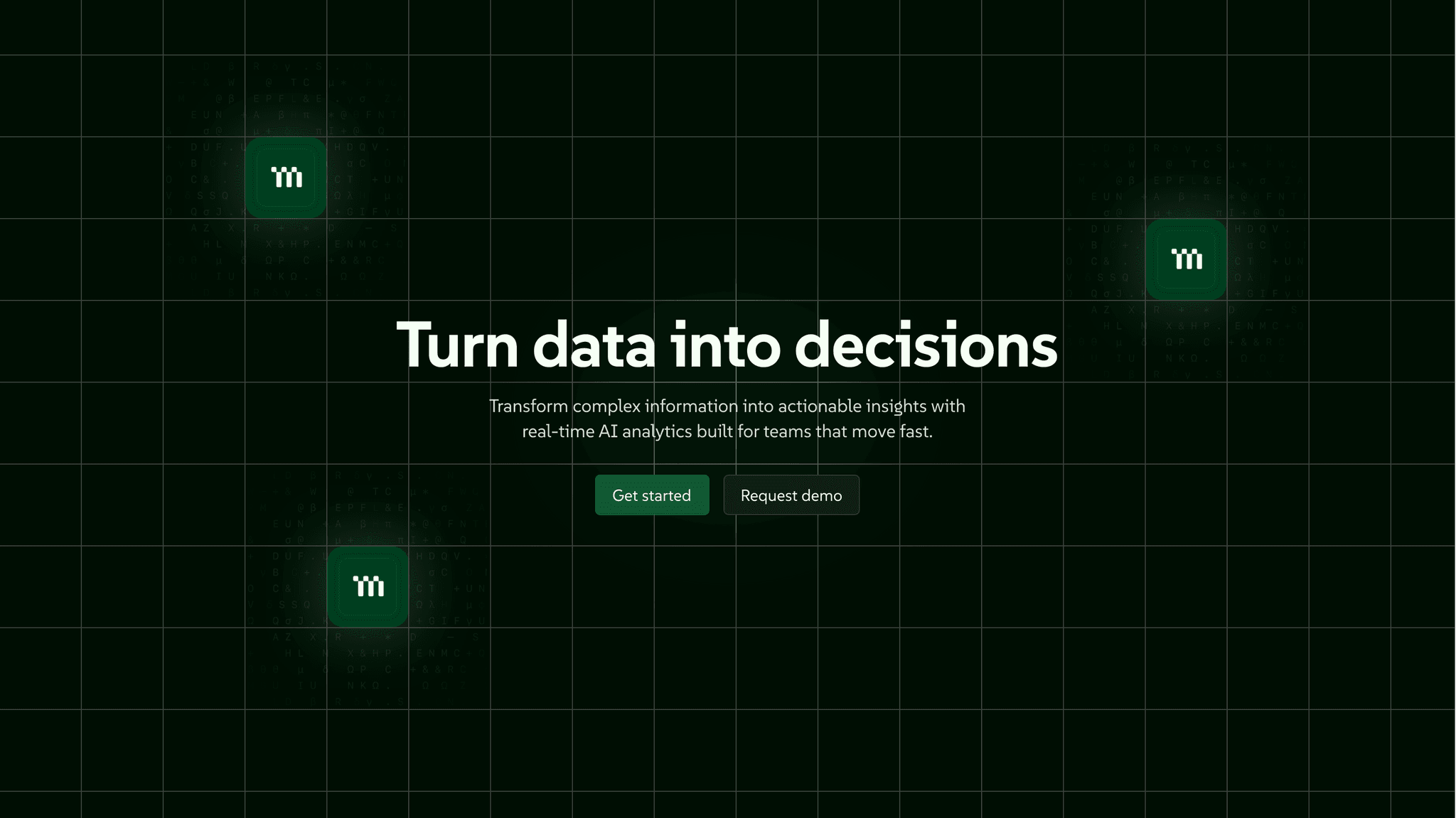 Metrix AI homepage hero on a dark green grid: glowing logomark tiles beside a bold headline about turning data into decisions